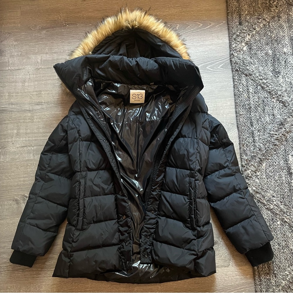 NWOT SAKS 5th-S13 New York, 3/4 Puffer Down Faux Fur Hood, Belt - Picture 5 of 16